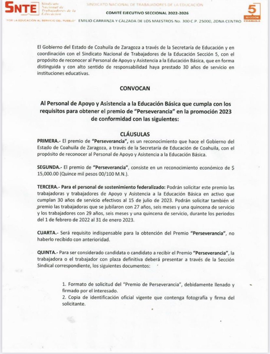 SNTECinco's tweet photo. 🥇 Convocatoria Premio de Perseverancia 2023

📃🟠El Sindicato Nacional de Trabajadores de la Educación Sección 5 en coordinación con Gobierno del Estado de Coahuila a través de la SEDU; lanzan la siguiente Convocatoria para el PAAE. https://t.co/CHwrTvtqa4