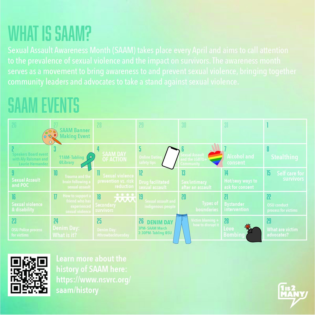 April is Sexual Assault Awareness Month! Throughout April, be sure to attend events and share daily educational posts to help spread awareness and support survivors. Make sure to follow us and stay tuned for more resources throughout the month! #SAAM2023 #OKSTATE1IS2MANYSAAM