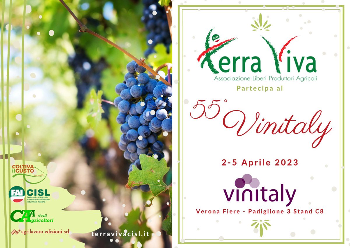 @VinitalyTasting 

#coltivailgusto presente con 25 aziende associate #terraviva, #veronafiere hall 3 stand C8
👉Oltre 50 tipologie di #vino e un convegno per approfondire filiera 🍇🍷 'Dal Vigneto al Calice'  ➡️martedì 4 aprile ore 14.30. 

Info 📄bit.ly/3nsrnHA