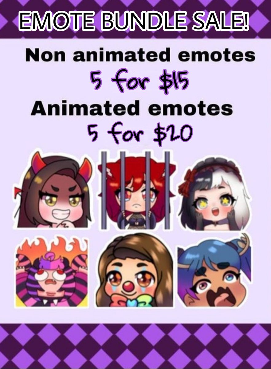 EMOTE BUNDLE SALE
Help me save money to move out lmfao 
But just dm if interested in some emotes! 

#emotes #twitch #twitchemotes #commissions #emoteart #emotecommissions #commissionsopen #digtalart #emoteartist