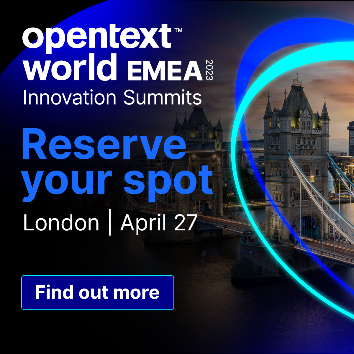 OpenText's tweet photo. Gain market-leading insights to build scalable digital infrastructure and enable sustainable business growth in the age of Information transformation. 

Register for the OpenText World EMEA Information Summit happening in London ▶️ 

#OpenTextWorld https://t.co/JuIANt9Npd