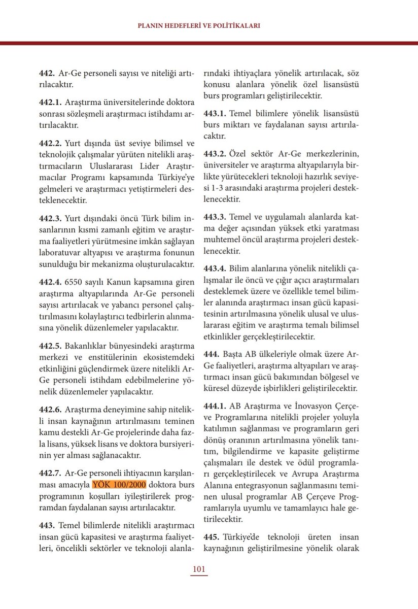 <a href="/avabdullahguler/">Abdullah Güler</a> <a href="/RTErdogan/">Recep Tayyip Erdoğan</a> <a href="/iletisim/">T.C. İletişim Başkanlığı</a> <a href="/RTEdijital/">Erdoğan Dijital Medya</a> <a href="/YuksekogretimK/">Yükseköğretim Kurulu</a> <a href="/erolozvar/">Erol Özvar</a> <a href="/yekta_sarac/">Prof. Dr. M. A. Yekta Saraç</a> #1002000istihdam #1002000kadro #YÖKDoktoraProjesi

❌11. Kalkınma Planında yazan, ARGE personel ihtiyaçlarının karşılanması amacıyla YÖK 100/2000 Doktora Burs Programının şartlarının iyileştirilmesi yapılmadı‼️‼️‼️

Madde 442.7.