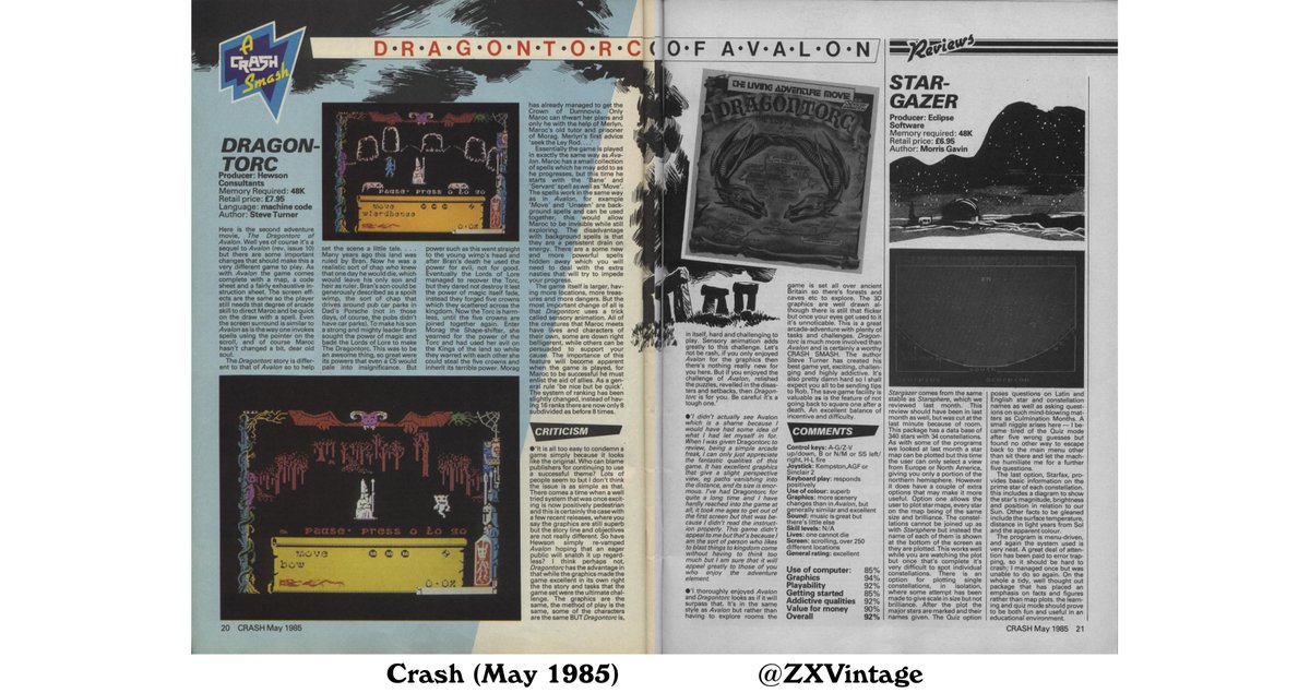 Crash (May 1985) - Stargazer and Dragontorc reviews #zxspectrum #retrogaming

READ: archive.org/stream/crash-m…