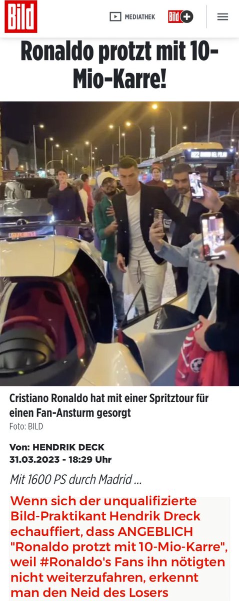 Wenn sich der unqualifizierte Bild-Praktikant Hendrik Dreck echauffiert, dass ANGEBLICH "Ronaldo protzt mit 10-Mio-Karre", weil #Ronaldo's Fans ihn nötigten nicht weiterzufahren, erkennt man den Neid des Losers

#CR7 

Cristiano Ronaldo m.bild.de/sport/fussball…