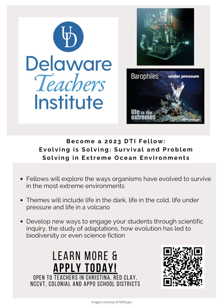Exciting STEM seminar exploring survival and problem solving in the deepest parts of the ocean! Apply today! dti.udel.edu/participate/lo…