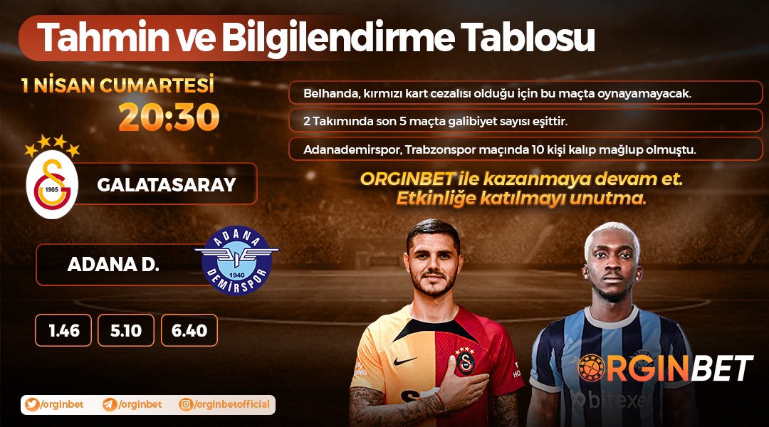 OrginBet's tweet photo. Galatasaray - Adanademirspor Maçına Özel Tahmin Ve Bilgilendirme Tablosu ❗️ https://t.co/sBE62rUSAb
