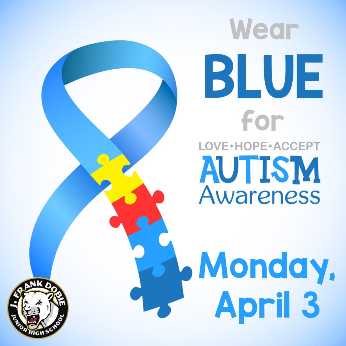 CounselorsDobie's tweet photo. Cougars - wear your BLUE on Monday, April 3 for Autism Awareness Month! https://t.co/2sKuKk6Ibz