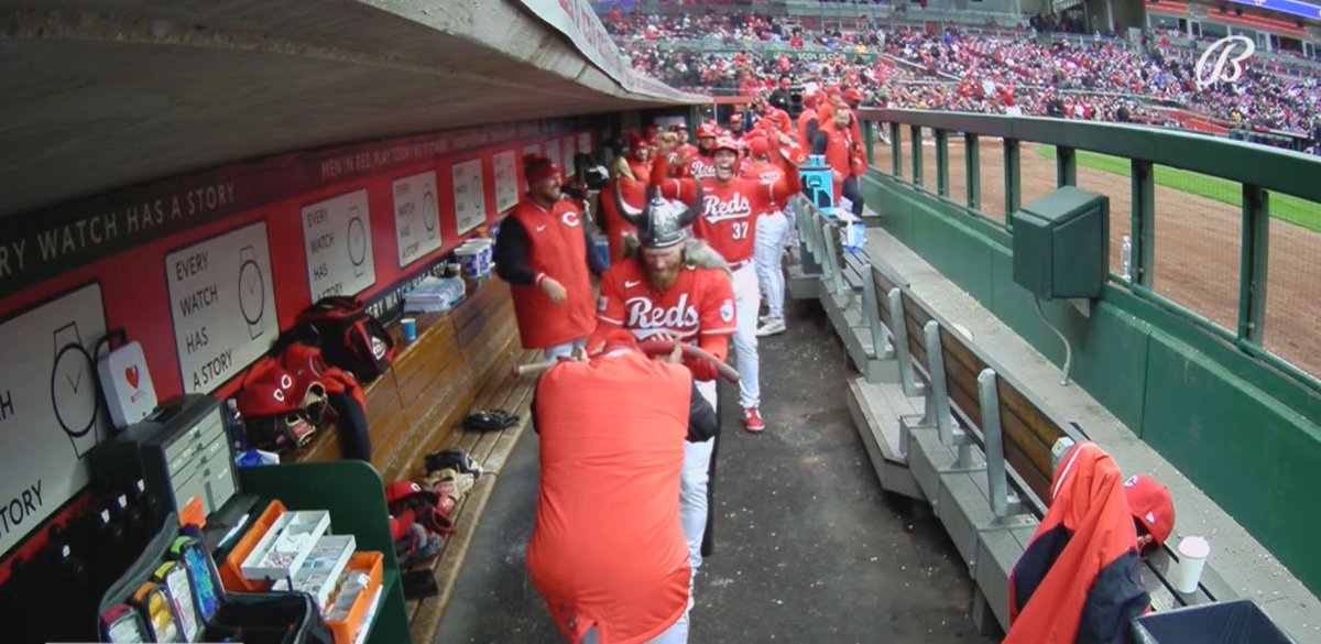 FOX19Joe's tweet photo. After his look inspired the #Reds new viking home run celebration, Jake Fraley (in addition to the helmet and cape) was awarded this is in the #Reds dugout. https://t.co/KlbI9MRgdm