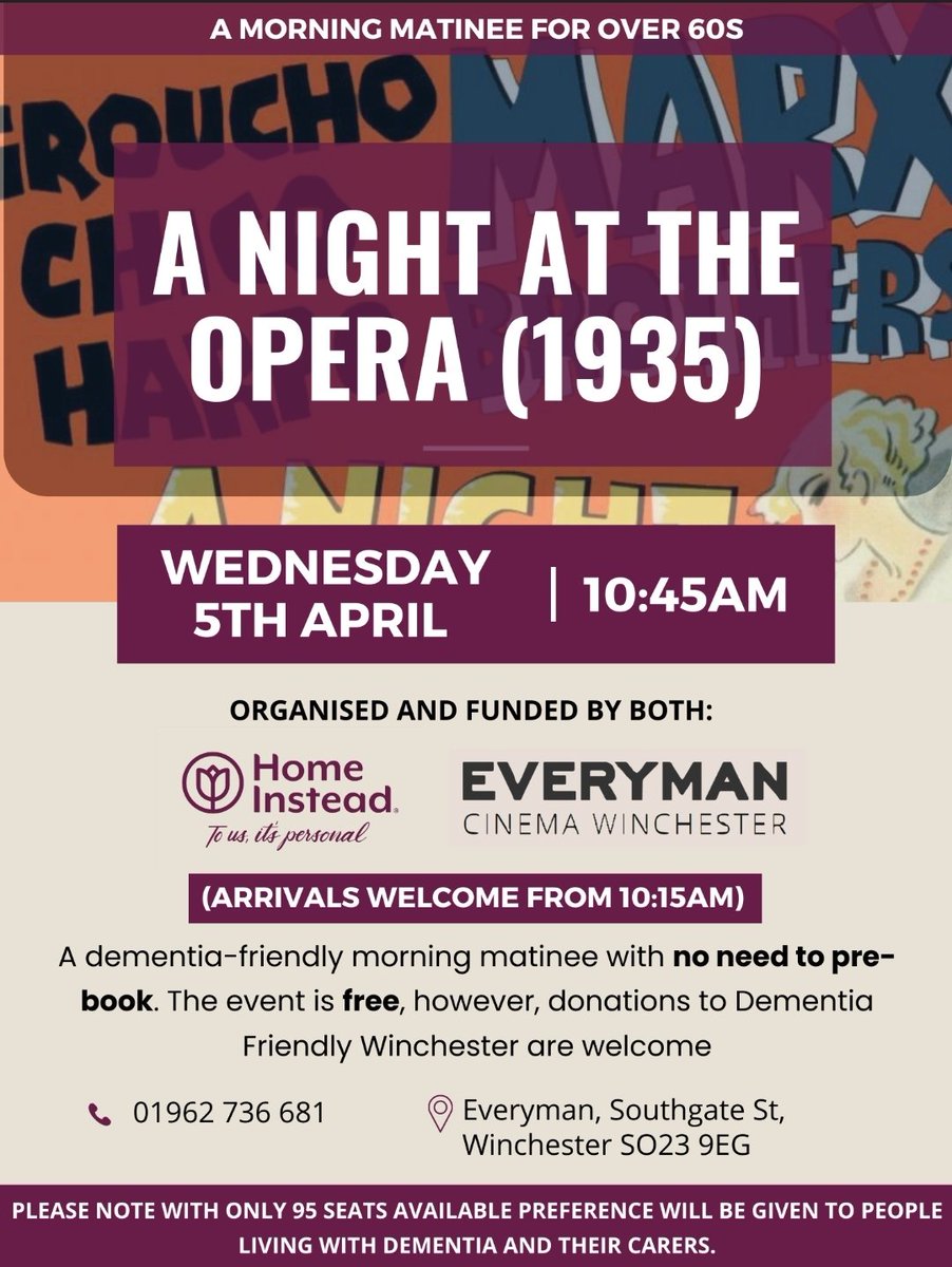 The next Morning Matinee taking place at <a href="/Everymancinema/">Everyman Cinema</a> in Winchester - showing A Night At The Opera, a fantastic comedy starring The Marx Brothers!

The film is showing on 5th April, please arrive at 10:15 for a 10:45 showing - thanks to <a href="/HomeInsteadHant/">Home Instead Central Hampshire</a> for organising these!
