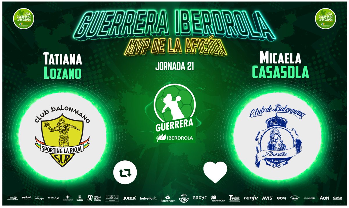 ⭐️ #GuerreraIberdrola - Jornada 21

🆚 @SportingLR  17:22 <a href="/BmPorrino/">Club Balonmán Porriño</a> 
♻️ RT: Tatiana Lozano
❤️ Me gusta: <a href="/micacasasolaa/">Mica Casasola</a>