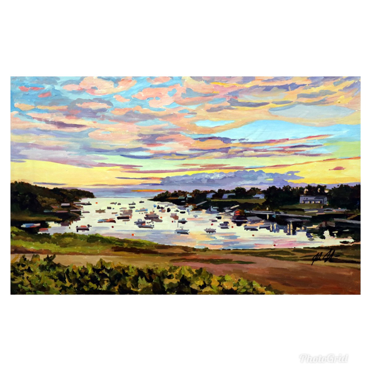 JoshMoulton's tweet image. new painting- “Sunset on Mackerel Cove” 20” x 32” acrylic on canvas. It’s available. #newengland #maine #harpswell #baileyisland #lobstermen #art #artgallery #painting