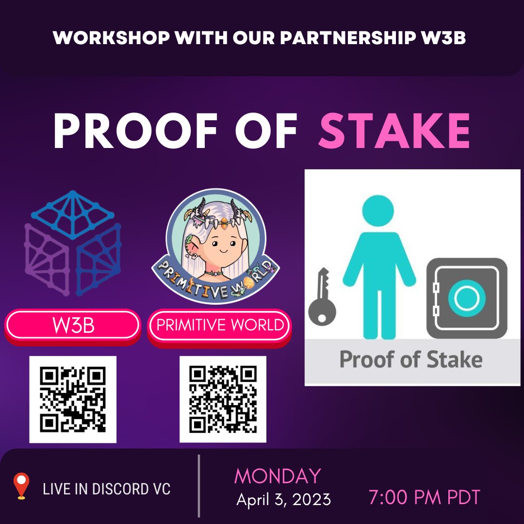 primitive_nft's tweet photo. Bi-weekly Primitive World Workshop 💡

Last time, we learned about Ethereum. It's time to learn a new topic.

Topic: PROOF OF STAKE
Hosted by: @joinw3b 

Monday, April 3, 2023 at 7:00pm PDT in Primitive World Discord VC 🔈

Check below ⬇️
https://t.co/mLsB4SgAfS https://t.co/xBFtdGY5KX