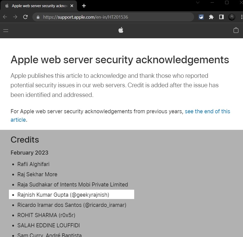geekyrajnish's tweet image. 😊🙌 Received Hall of Fame from @Apple for discovering a security vulnerability.
@Apple Security Update - Feb 2023
#Apple #HallOfFame #BugBounty #infosec #cybersecurity #Hacking #Pentesting #Vulnerability #ethicalhacking #websecurity