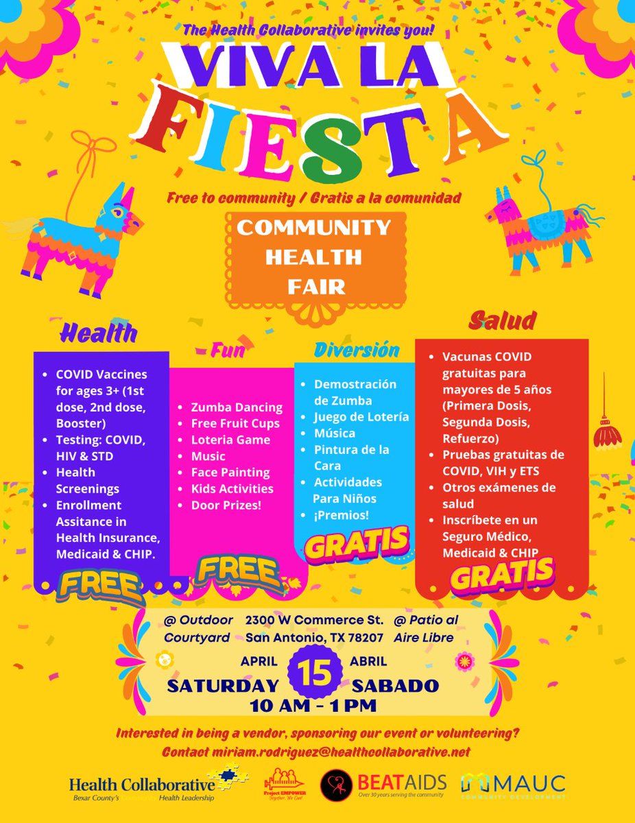 Come join VIVA LA FIESTA, a free to community/gratis a la comunidad fair that will take place on Saturday, April 15/sabado, abril 15.