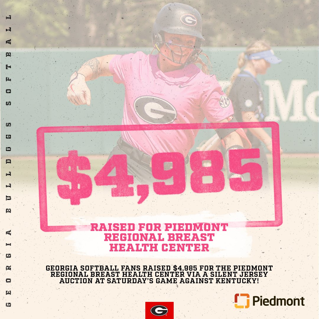 🎀 #DawgNation, you showed up in more ways than one today. Together, we raised 💲4️⃣,9️⃣8️⃣5️⃣ in the silent jersey auction for the Piedmont Regional Breast Health Center! #Team27 | #GoDawgs