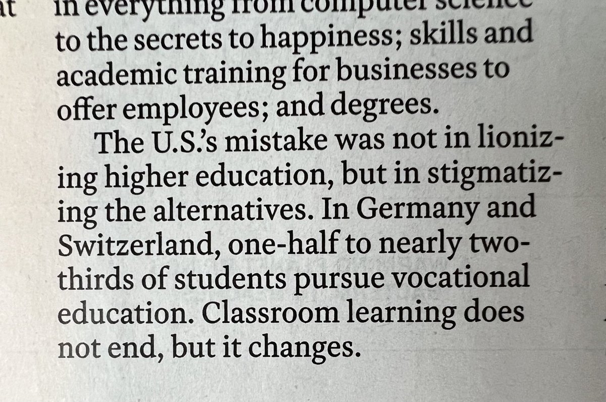 DrHoldsworth's tweet image. In the latest issue of ⁦@TIME⁩ (by Jenny Anderson):

“In Germany and Switzerland, one-half to nearly two-thirds of students pursue vocational education. Classroom learning does not end, but it changes.”

#CTE #voctech #careerteched