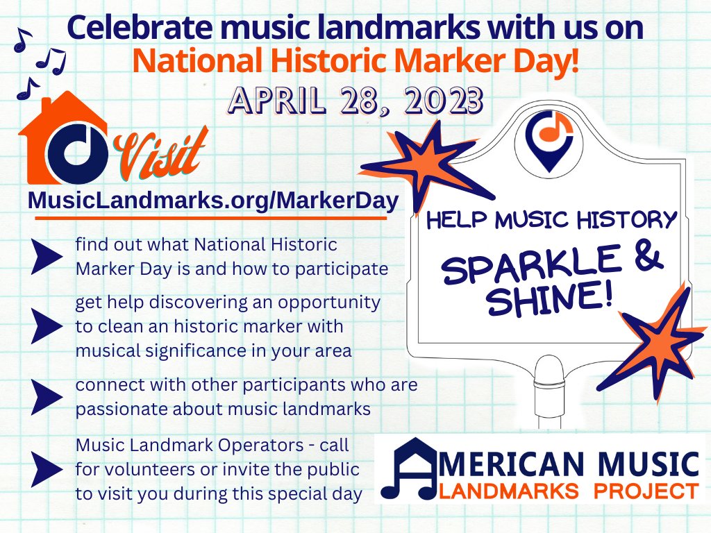 It's officially #April and that’s no joke! Let us help you get ready for #NationalHistoricMarkerDay April 28th: musiclandmarks.org/markerday. 🪧🏠🎶 #volunteer #event #publichistory #musiclandmark #architecture #music #history #preservation #historicpreservation #musiclandmarks