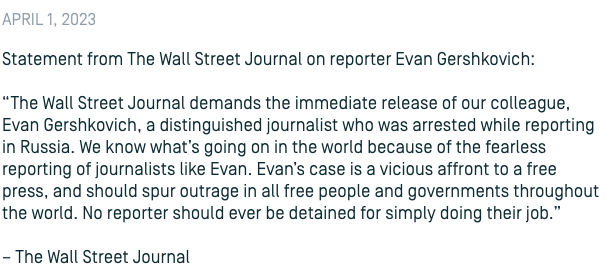 WSJ Communications (@wsjpr) on Twitter photo Statement from <a href="/WSJ/">The Wall Street Journal</a> on reporter Evan Gershkovich #IStandWithEvan dowjones.com/press-room/apr… Statement from <a href="/WSJ/">The Wall Street Journal</a> on reporter Evan Gershkovich #IStandWithEvan dowjones.com/press-room/apr…