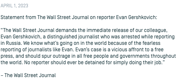 Statement from @WSJ on reporter Evan Gershkovich #IStandWithEvan dowjones.com/press-room/apr…