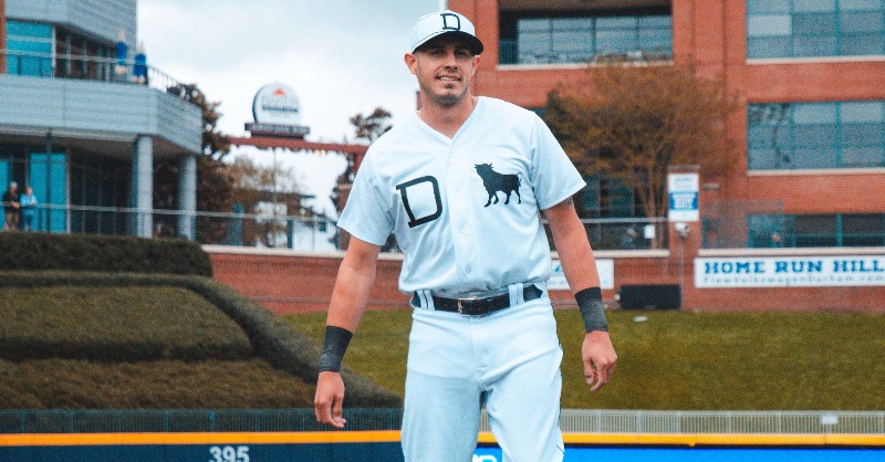 DurhamBulls's tweet photo. Ruben Cardenas crushed 2 home runs &amp; Nick Dini collected 3 hits on Saturday afternoon in our 1st game wearing our 1913 Durham Bulls unis.