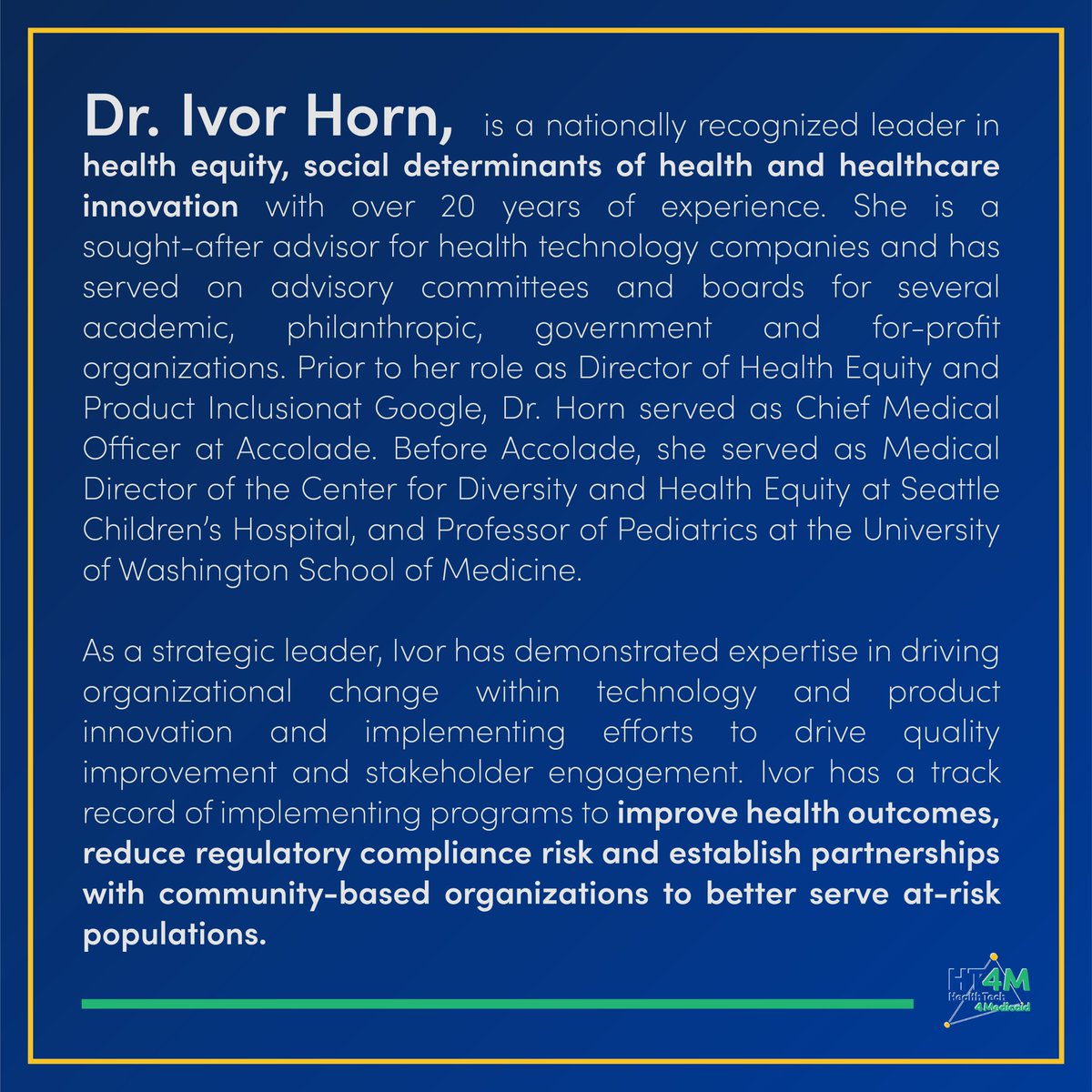 HT4Medicaid's tweet photo. Meet Ivor Horn, a true #HealthEquityHero who's making waves in the world of #HealthTech. As a pediatrician and tech innovator, she's using her 20+ years experience and expertise to bridge the gap in healthcare disparities and make quality care accessible to all. https://t.co/xfYu38BNny