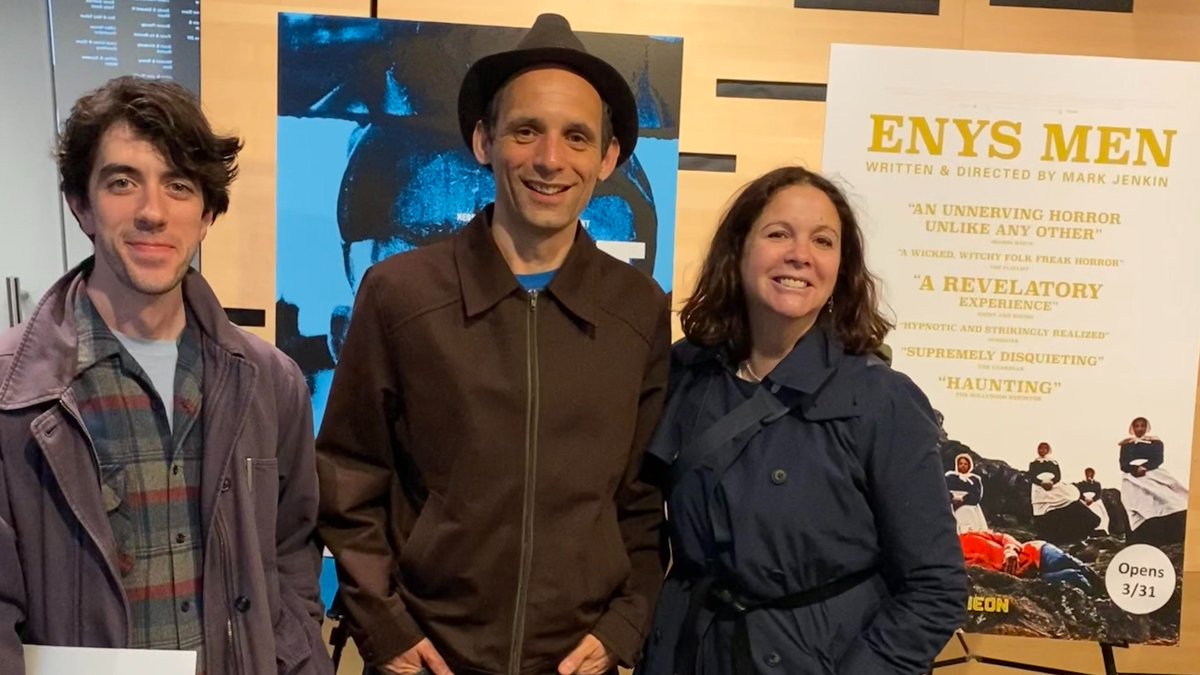 It was lovely having @Mark_Jenkin (seen below with our Senior Director of Programming Florence Almozini and Programmer Tyler Wilson) join us last night for Q&As following screenings of his first feature, BAIT, and his latest, the #NYFF60 selection, ENYS MEN (on 35mm!).