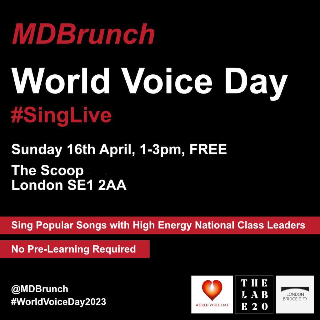 FREE #WorldVoiceDay Event 
16th April at The Scoop. 
Sign Up and Info:
forms.gle/4ZjjCHpjX8vN6P…
We will have exceptional leaders to guide an audience of singers through very well known songs, to inspire passers-by and their friends to sing with us! All singers welcome. No prep.