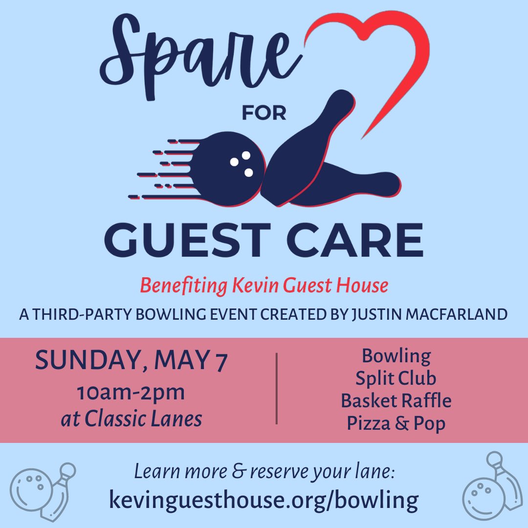 KevinGuestHouse's tweet photo. READY…SET…BOWL! Join our friend, Justin MacFarland at his third-party fundraiser benefiting KGH, Spare for Guest Care at Classic Lanes on 5/7. More information here about how to sponsor the event or reserve a spot for yourself/family (kids are welcome): https://t.co/5xnsZF9MDp https://t.co/QqMsWF6mX1