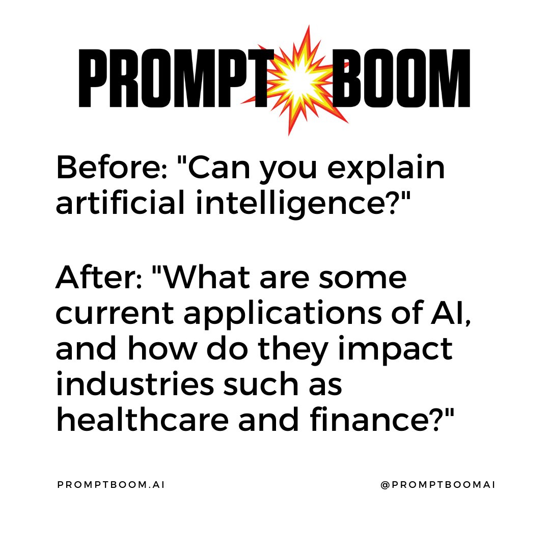 PromptBoomAI's tweet photo. Improve your prompts by using specific language. #PromptBoom #AI https://t.co/VGzf8Tj3La