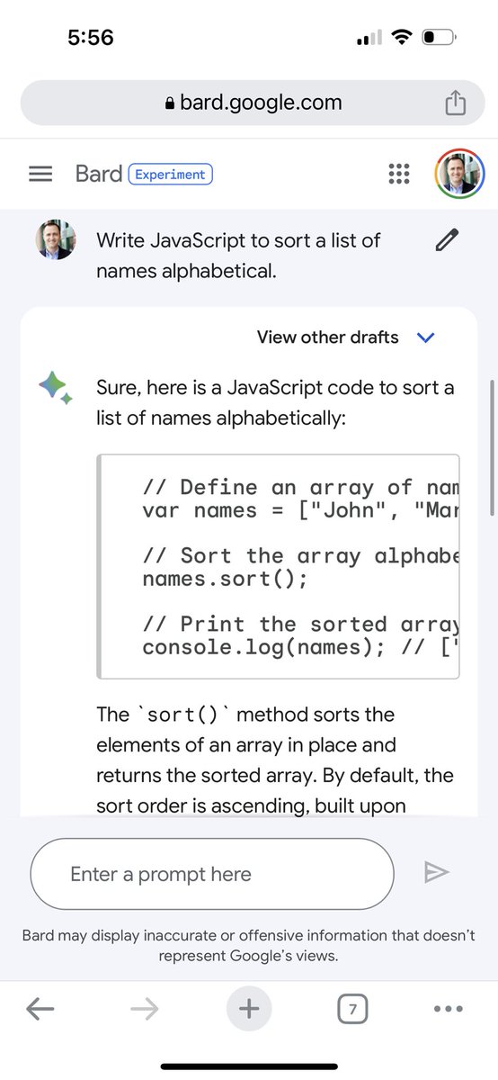 stinsonjames's tweet photo. Was Google’s Bard upgraded to PaLM? Seems to be capable of kicking out code now. @sundarpichai said they would be upgrading this week. https://t.co/c8S3XbpnxC