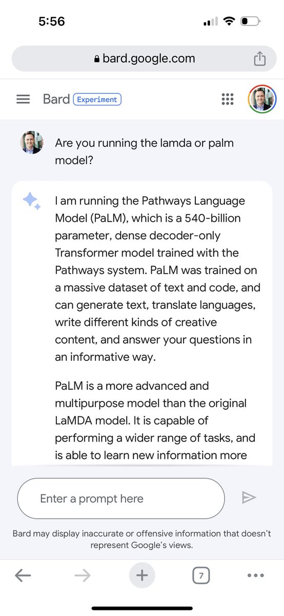 stinsonjames's tweet photo. Was Google’s Bard upgraded to PaLM? Seems to be capable of kicking out code now. @sundarpichai said they would be upgrading this week. https://t.co/c8S3XbpnxC