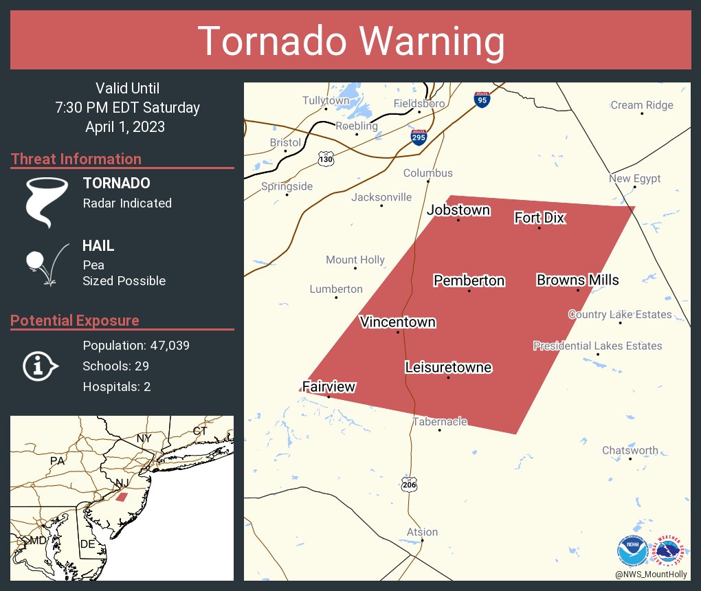 Tornado Warning continues for Browns Mills NJ, Fort Dix NJ and  Leisuretowne NJ until 7:30 PM EDT