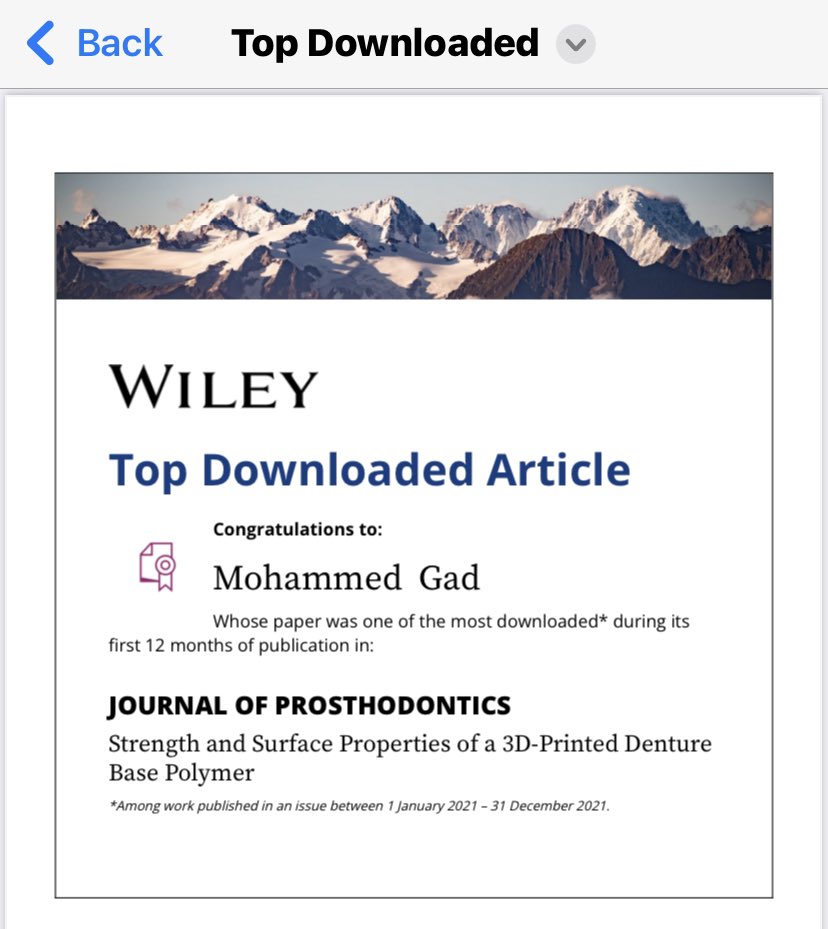 الحمد لله 
I’d like to thank our research team for this great achievement (Top Downloaded article in 2022: Journal of prosthodontics)