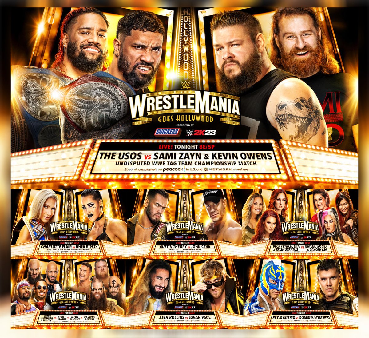 WWEArgentina_OK's tweet image. Esta es la cartelera de esta noche 1, y tal como se anunció en #OneFall hoy, Los Usos vs Sami Zayn y Kevin Owens, será la lucha que sea la estelar esta noche !!!!

#Wrestlemania