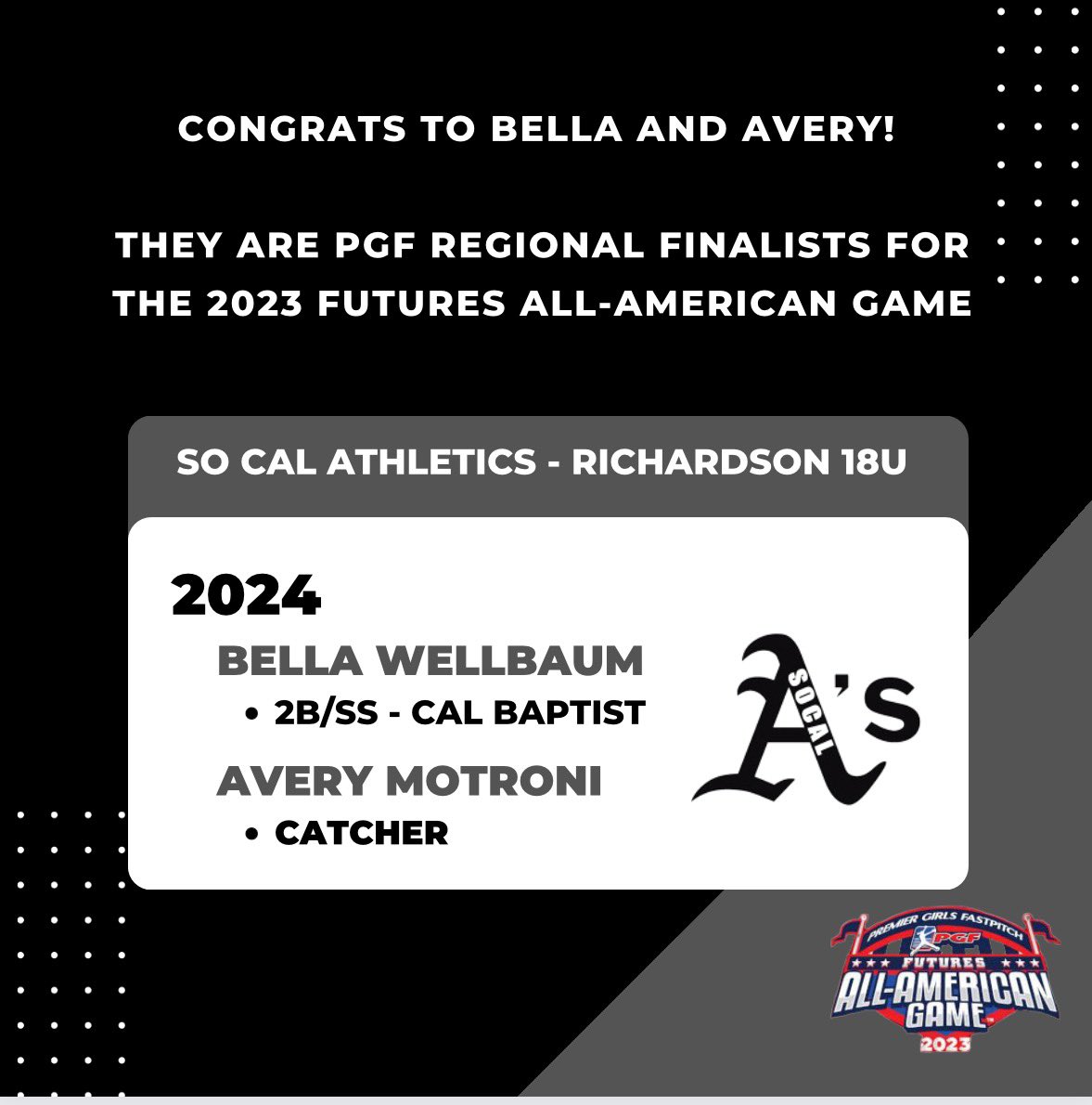 EFP_Solutions's tweet photo. Congrats to SO CAL A’s Richardson Players! (FUTURES) @los_Stuff @IHartFastpitch @ExtraInningSB @LegacyLegendsS1 @tagupSoftball @TopPreps @SBRRetweets @coastrecruits @upnextrecruits @FromThe815 @softballdown @FactsFastpitch @SCAs_Richardson @SoCalAsOrg @CBerouty @PGFnetwork https://t.co/b8eK7QfrS8
