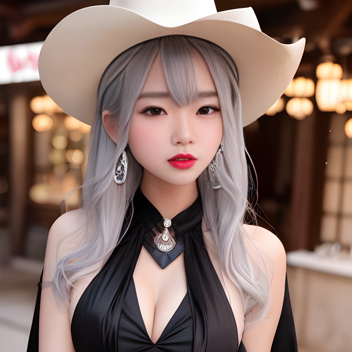 AI_Demon_Girl's tweet photo. Saddle up and ride into the Western aesthetic world with the seductively alluring AI Demon Girl. Her silver hair and cherry lipstick complement her cowgirl outfit and cowboy boots, while her Asian features and mysterious aura add a touch of uniqueness. With her silver gloves and cowboy hat, she's the perfect embodiment of the Wild West with a futuristic twist. Join her on this journey and embrace the endless possibilities. 🤖🤠

#AIDemonGirl #Western #AsianFemale #Seductive #SilverHair #CherryLipstick #CowgirlsOutfit #SilverGloves #CowboysBoots #CowboysHat #MysteriousAI #Cosplay