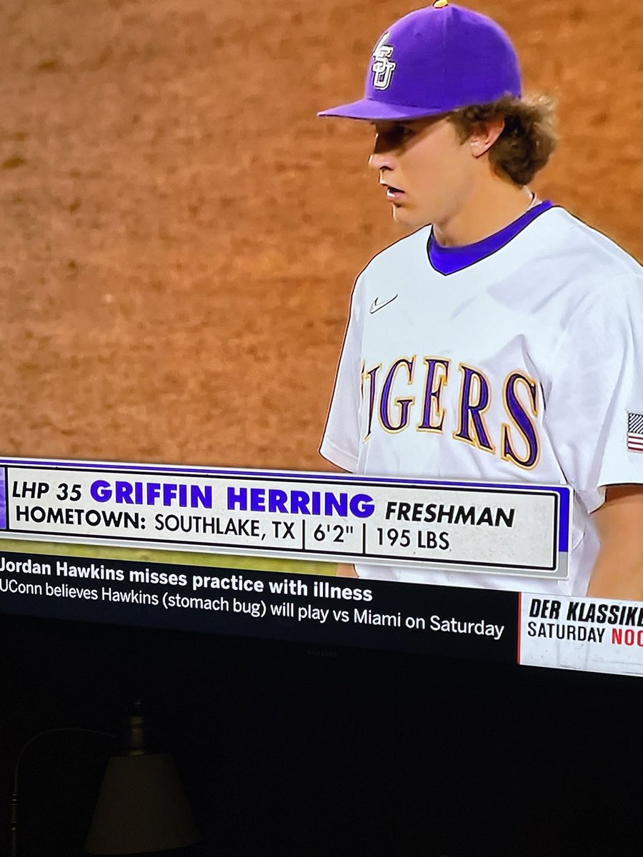 SLCAthletics's tweet photo. While we were playing Keller last night, Griffin Herring, class of 2022, @GriffinHerring1 was facing down Tennessee on the SEC Network for the LSU Tigers. #statechamps22 #SLC4Life @LSUbaseball @DragonBaseball @SECNetwork https://t.co/K3uAQP456B