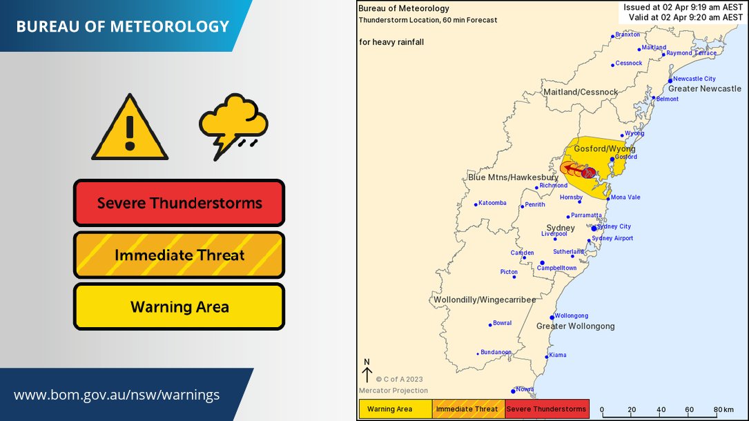 BOM_NSW's tweet photo. ⚠️Severe Thunderstorm Warning update: heavy rainfall is forecast to affect some northern parts of #Sydney in the next hour. The heavy rainfall cells are forecast to affect Maroota by 9:50 am. Flash flooding is possible. Warning details: https://t.co/x4x4Dam9Ro https://t.co/JpATJoofeo