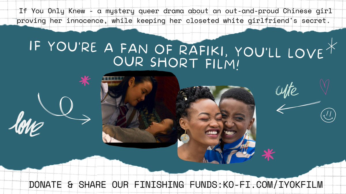 If you're a fan of Rafiki, you'll love our short film!
Support the finishing funds for #IfYouOnlyKnew & spotlight #queer #sapphic love stories!
Any share or donation is appreciated & be part of a community:
ko-fi.com/iyokfilm
@azmaguk 
@nazandmatt 
@EastEndLesbians 
#qtipoc