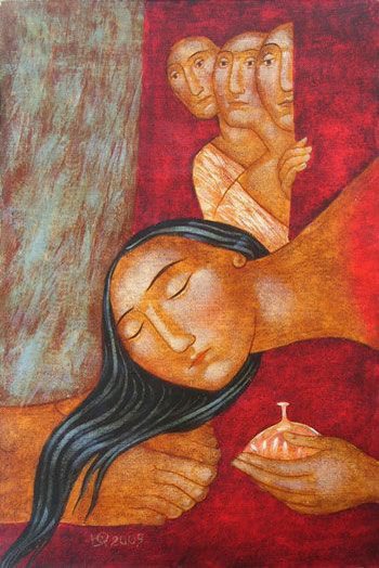 Dusk and the Sabbath ends. Mary breaks her alabaster jar of perfume worth a year’s wage. She pours it on Jesus' head, wiping His feet with her hair. The room fills with aroma. It’s an act of extravagant love, an anointing for His death. (Art by Julia Stankova) #passionweektweets