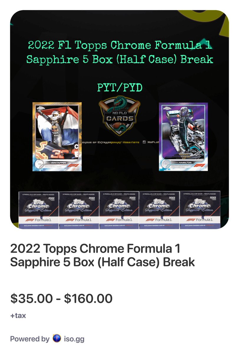 🏎️2022 Topps Chrome Formula 1 Sapphire 5 Box (Half Case) Break 

Final 6 spots - PRICES DROPPED!

Can run TONIGHT. 

#mbb 6510: Follow and reply with #mbb <team name> to claim and purchase! e.g. #mbb Pierre Gasly 

@midwestboxbreak @sports_sell @WatchTheBreaks @HobbyRetweet_ 