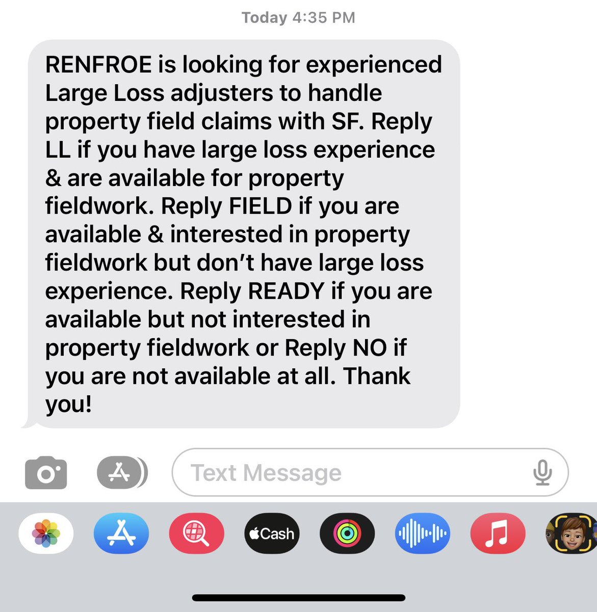 Plenty of work in catastrophic times. This text just came through. Call Renfroe and get on their roster if you are not already. #claimadjuster #insuranceadjuster #adjusterlife #independentadjuster #insuranceclaimadjuster #tornado