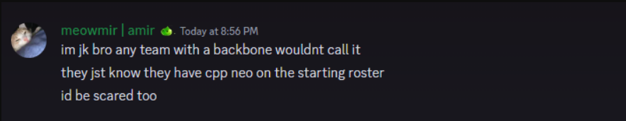 AcenVal's tweet image. Congrats @CPPEsports for somehow winning 2-0 with cpp neo on the team. CPP are a bunch of freaks that are perma grouped that somehow won in CVAL playoffs.