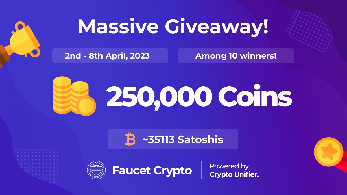Faucet Crypto (@faucetcryptocom) on Twitter photo 🎊 GIVEAWAY TIME! 🎊
Prize pool: 250,000 Coins (≈35113 Satoshis)
To enter:
1️⃣ Follow us <a href="/faucetcryptocom/">Faucet Crypto</a>
2️⃣ Like & RT this tweet
3️⃣ Tag 3 friends in the comments
🗓️ 2nd - 8th April
👤 10 lucky/random winners!
P.S: No April Fool's joke 🤭 This is genuine 🎊 GIVEAWAY TIME! 🎊
Prize pool: 250,000 Coins (≈35113 Satoshis)
To enter:
1️⃣ Follow us <a href="/faucetcryptocom/">Faucet Crypto</a>
2️⃣ Like & RT this tweet
3️⃣ Tag 3 friends in the comments
🗓️ 2nd - 8th April
👤 10 lucky/random winners!
P.S: No April Fool's joke 🤭 This is genuine