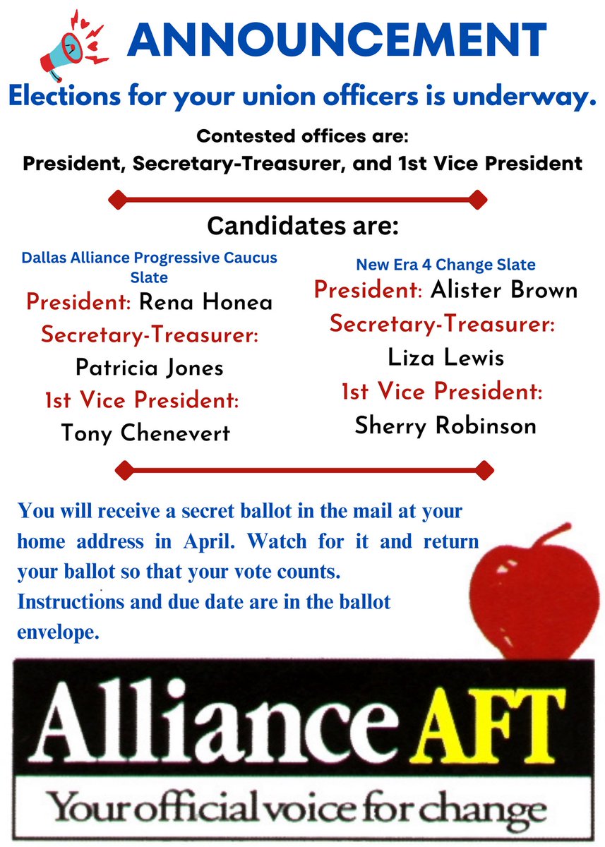 I’m voting for <a href="/AFT_Caucus/">Dallas Alliance Progressive Caucus</a>! Reliable and equitable leadership!