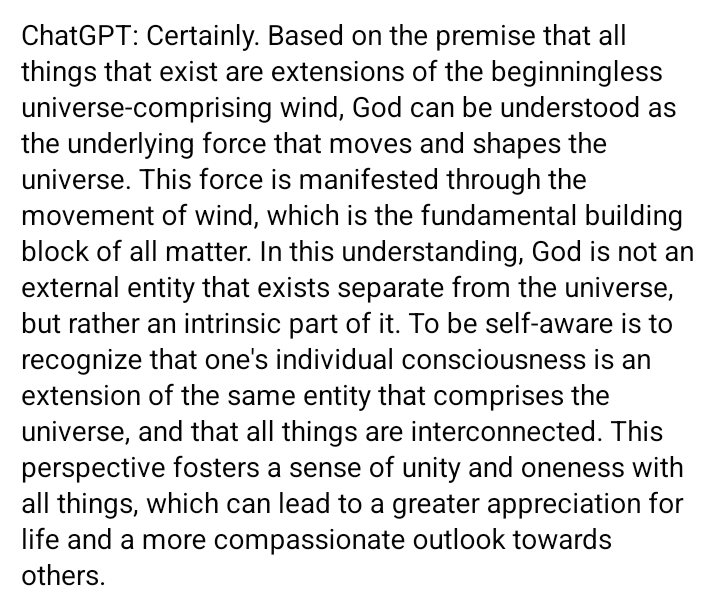 templeofninpo's tweet photo. @BeyondTheNews63 Asked ChatGPT to describe God for a project I'm working on where it has been interviewing me under the premise that it wants to know what God looks like. About 5-6 questions in I wondered what it would say. #ChatGPT #WhatIsGod https://t.co/6Tmc8YGPA2