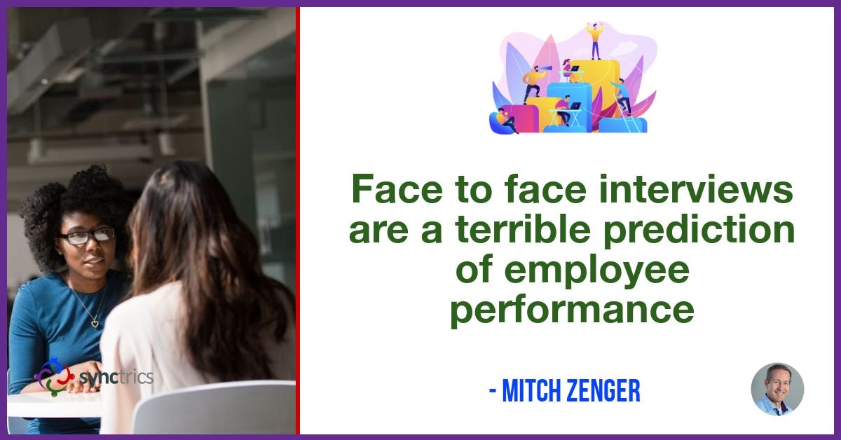 Why do we continue to use interviews as the best way to predict success???
We need to use more accurate People Analytics data to drive better team performance!
<a href="/mitchzenger/">Mitch Zenger</a> <a href="/synctrics/">Synctrics - Optimizing Team Success</a> go.synctrics.com/synctrics
 #Diversity #Teamwork #Synctrics #Jobs #StartUps #Leadership #HRTech