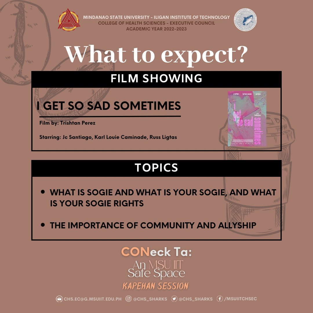 chs_sharks's tweet photo. The MSU-IIT College of Health Sciences – Executive Council proudly presents CONekta: MSU-IIT Safe Space Kapehan Session on April 4, 2023 from 5:30pm-7pm in the CON Hall. Our program is open to anyone who wishes to listen to our Kapehan Session. https://t.co/JYlPISjMTY