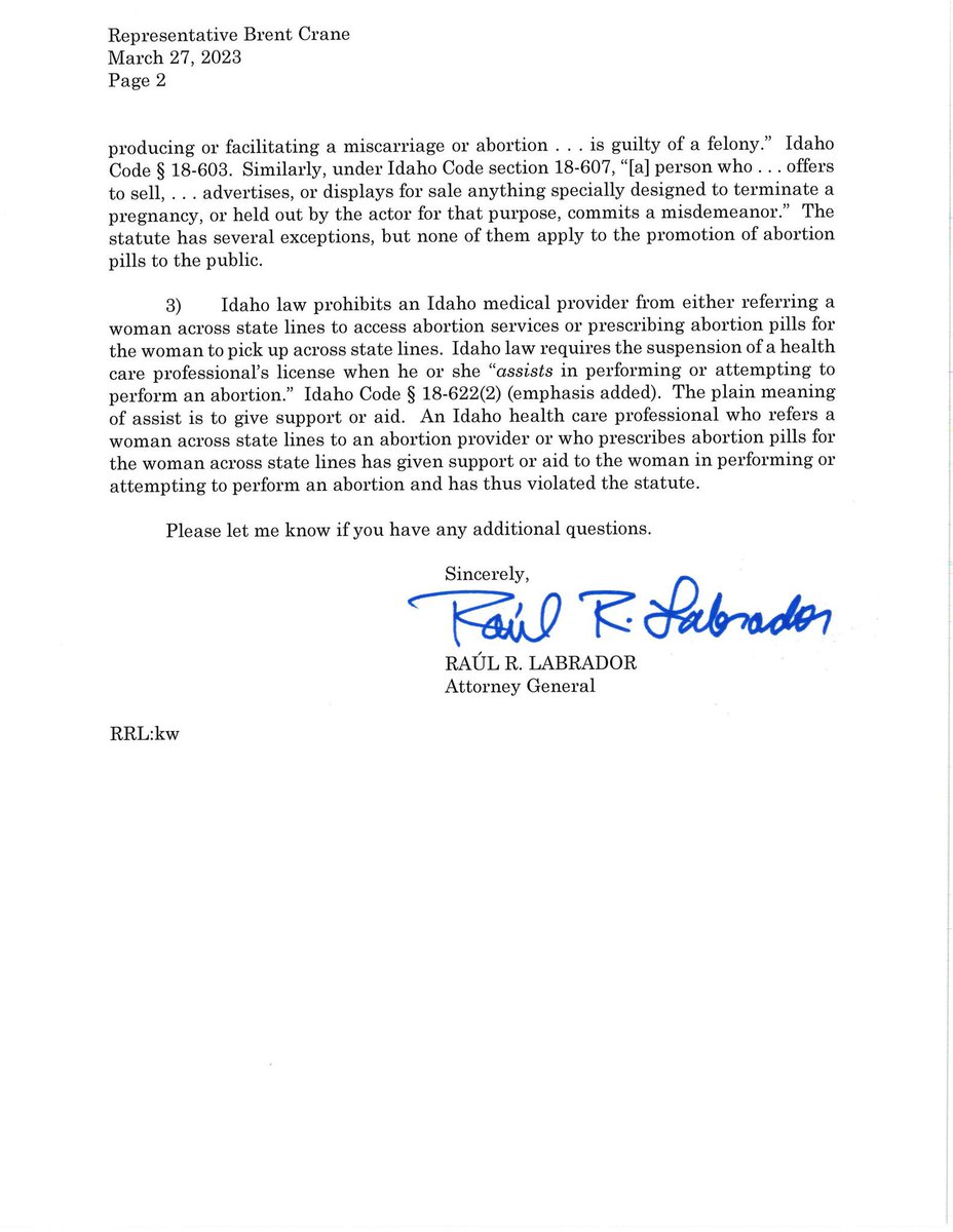 Idaho’s Attorney General believes Idaho can prevent doctors from talking to patients about their LEGAL options to travel out of state to get health care. He forgot about 1st Amendment case law it seems that says they can.
