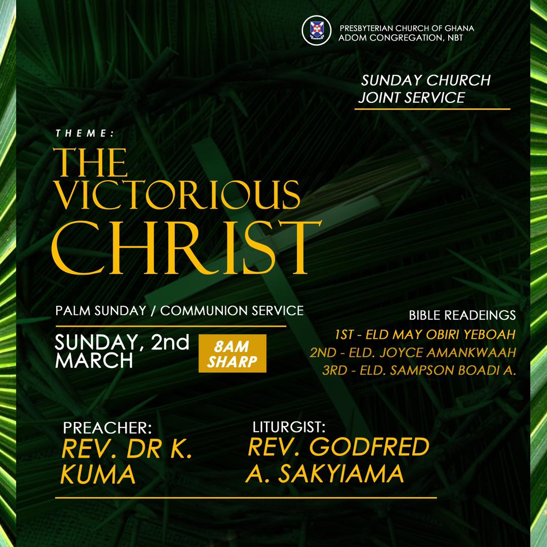 #PCG_ALMANAC
Sunday, 2nd April, 2023

'The Victorious Christ.'

Theme in #English 
Isaiah 50:4-9
Philippians 2:5-11
Matthew 21:1-11

Concept: @Nipa_nua_KO
#PalmSunday
#ChristInYouTheHopeOfGlory